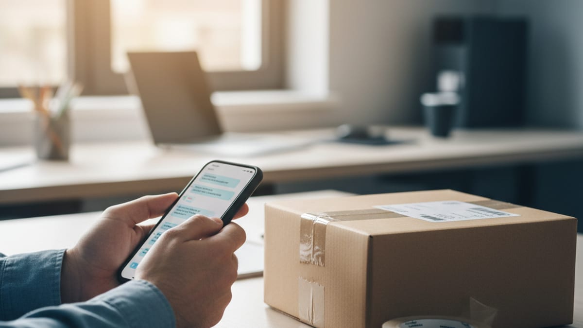 A phone showing a customer's order question on the screen, resting beside a packed parcel ready to ship.