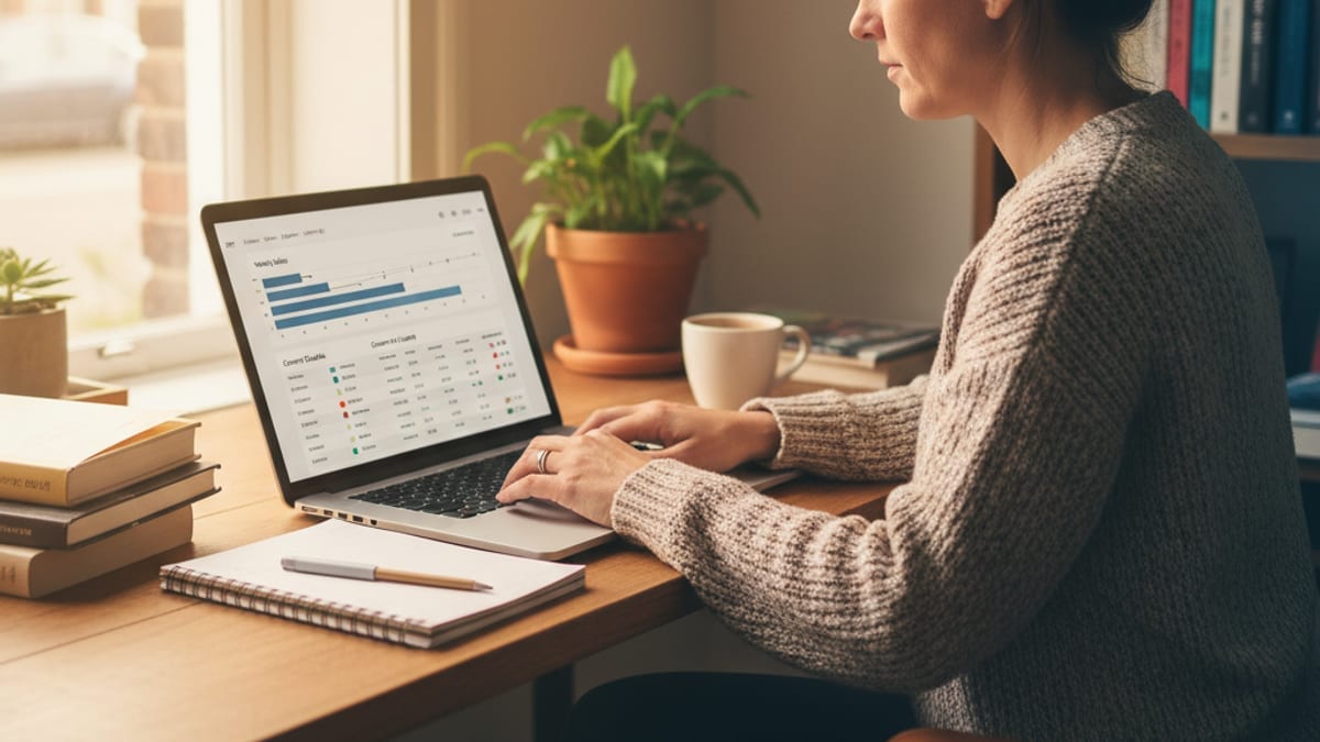 A store owner checking order and stock status on a dashboard at their desk.