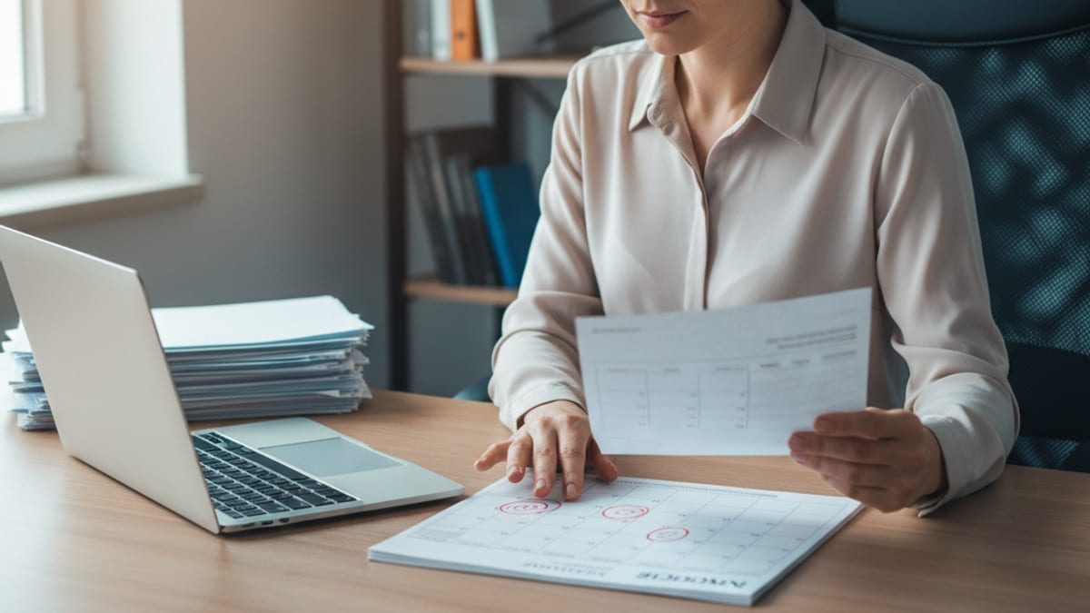 A finance manager at her desk checking a desk calendar with reminder dates against a printed invoice