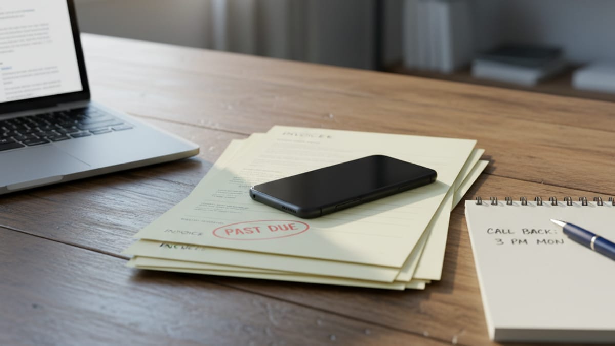 A phone resting on a stack of past-due invoices next to a call-back note on a desk