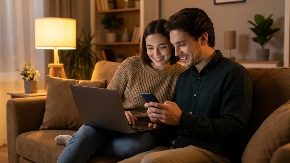 A couple browsing property listings together on a laptop and phone at home in the evening