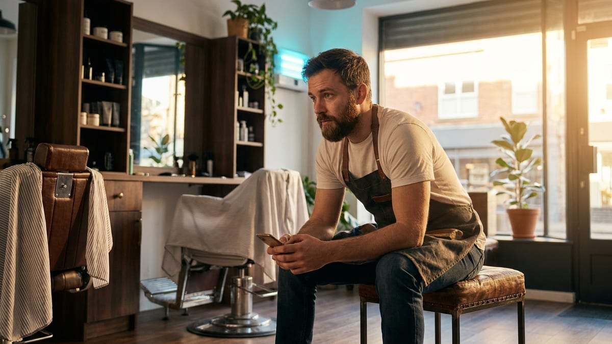 A barber checking appointments on a phone between clients