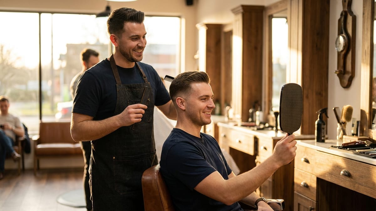 A barber finishing a cut for a satisfied returning client checking the mirror