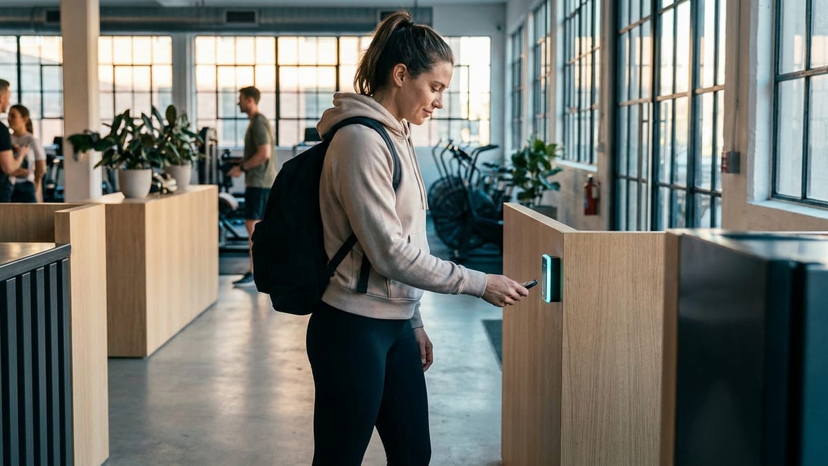 A member scanning in at the entrance of a modern gym
