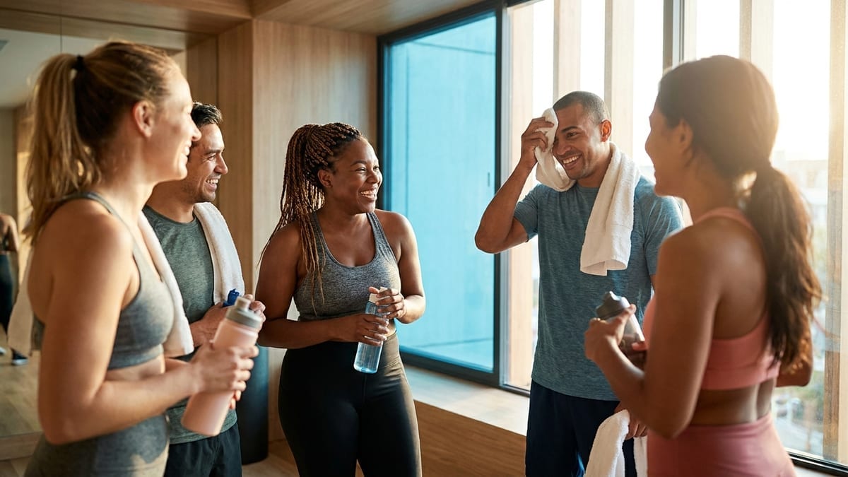 Gym members chatting together after a workout