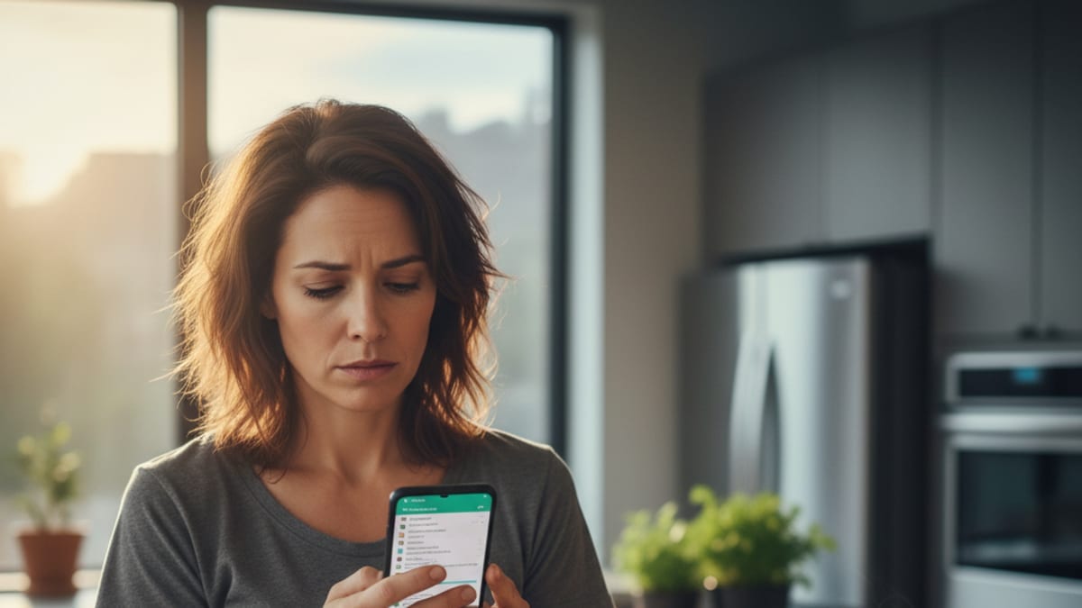 A small business owner in her kitchen early in the morning scrolling through a phone showing a long list of missed calls from overnight