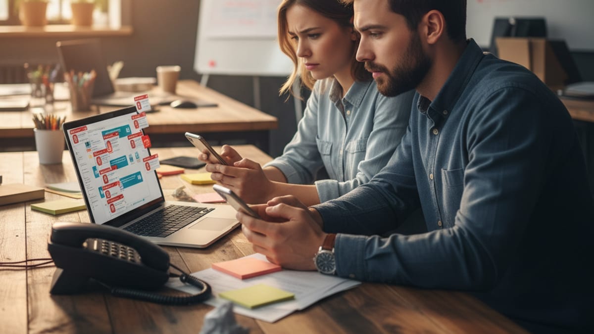 Two team members at a shared desk checking phones and a laptop as enquiry notifications stack up across several messaging apps