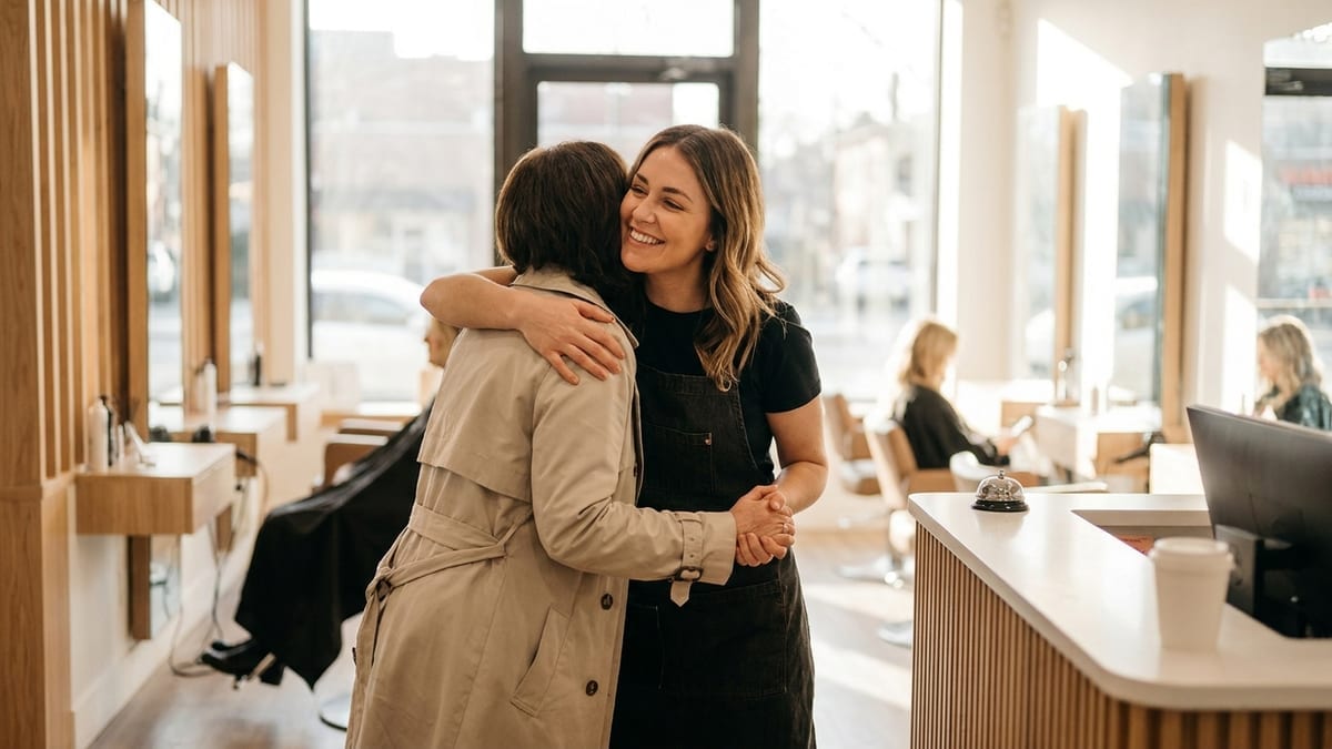 A stylist warmly greeting a client who arrived for her salon appointment