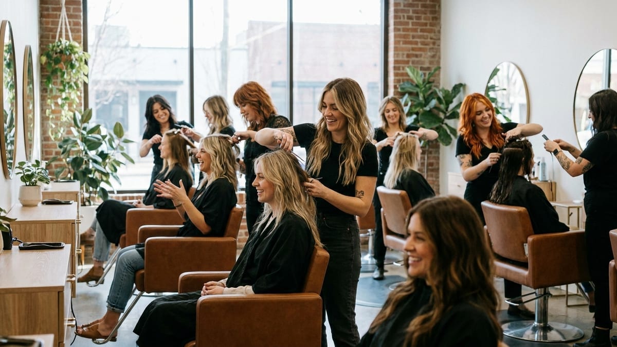 A fully booked hair salon with every styling chair occupied