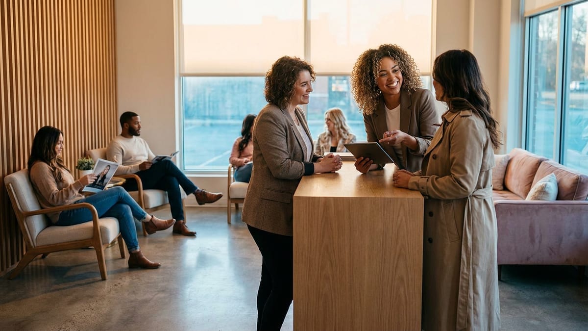 A salon receptionist checking in a client at the front desk