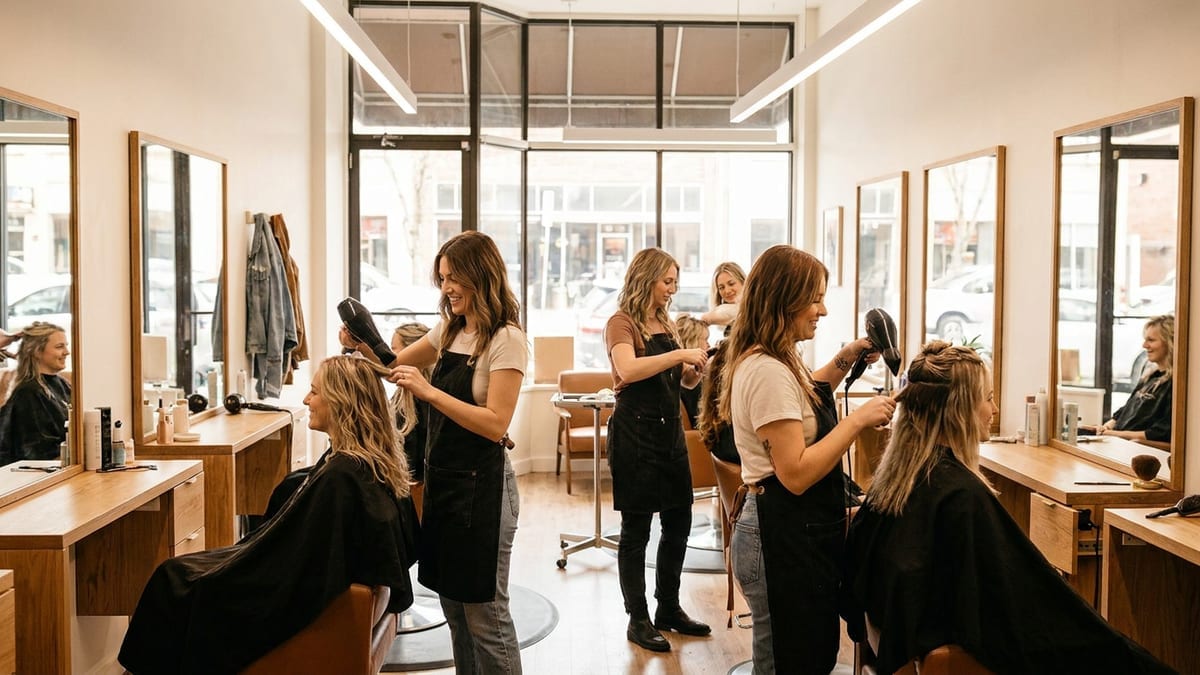 A busy modern hair salon with stylists working at their stations