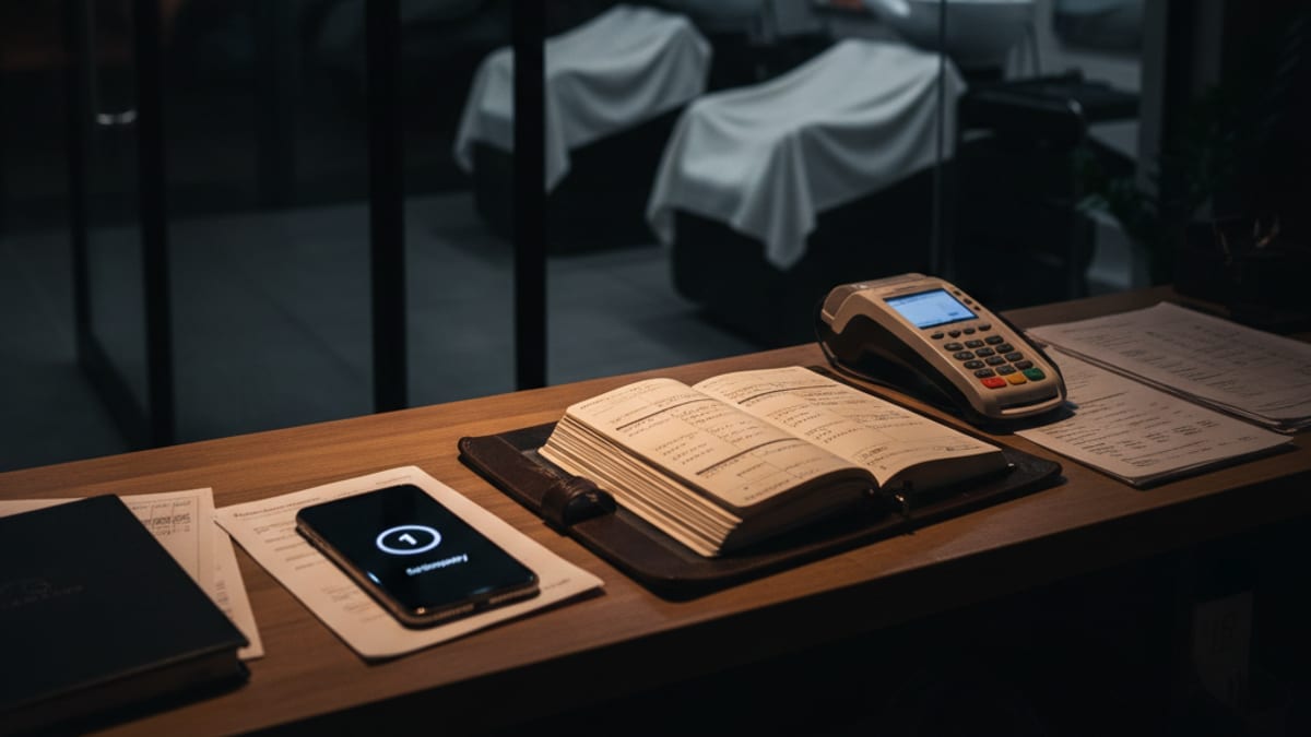A phone on a salon reception counter after closing, showing an unread enquiry notification beside the appointment book