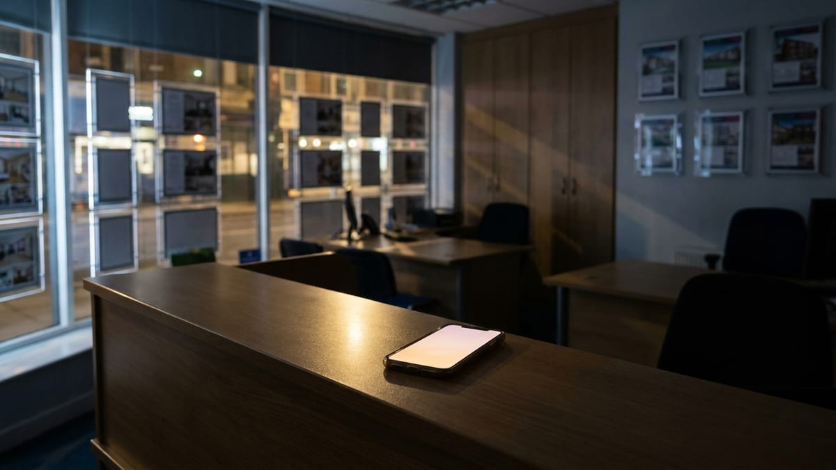 A phone glowing on an empty estate agency desk in the evening, an enquiry waiting unanswered