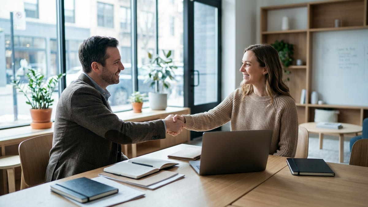 A salesperson shaking hands with a happy client, a deal closed