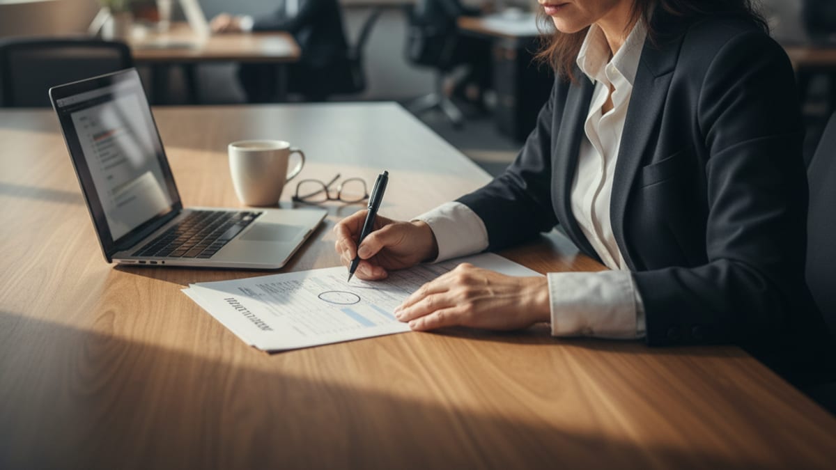 A manager at a desk circles a line item on a printed billing report next to an open laptop