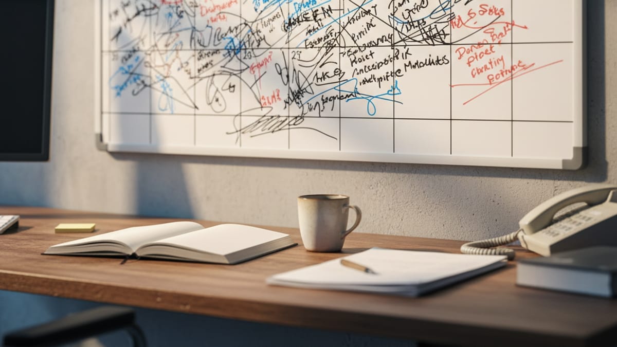 A whiteboard booking calendar covered in scribbled entries with one square circled in red marker, above a desk with a notebook, coffee mug and phone