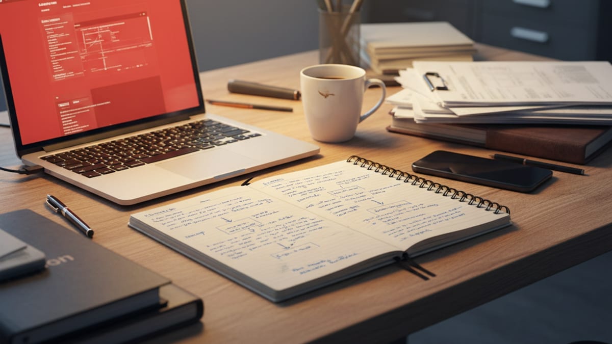 A laptop showing a red workflow error alert beside an open notebook of handwritten manual workaround steps and arrows
