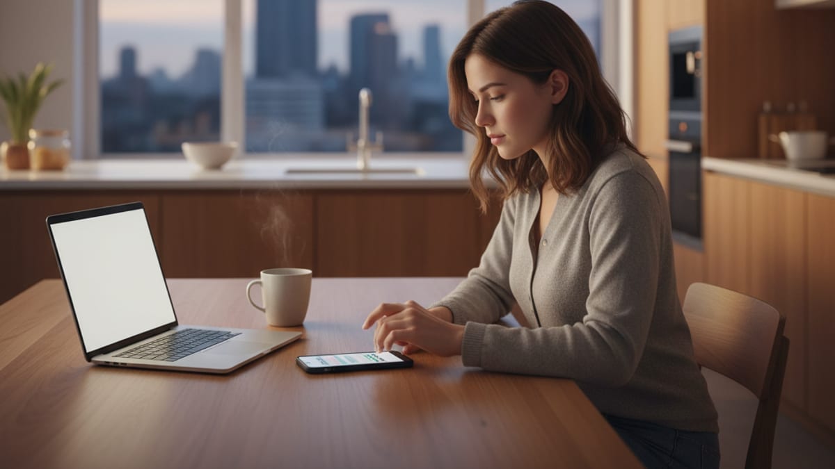 A shopper at her kitchen table setting her phone down mid-checkout, laptop and coffee beside her