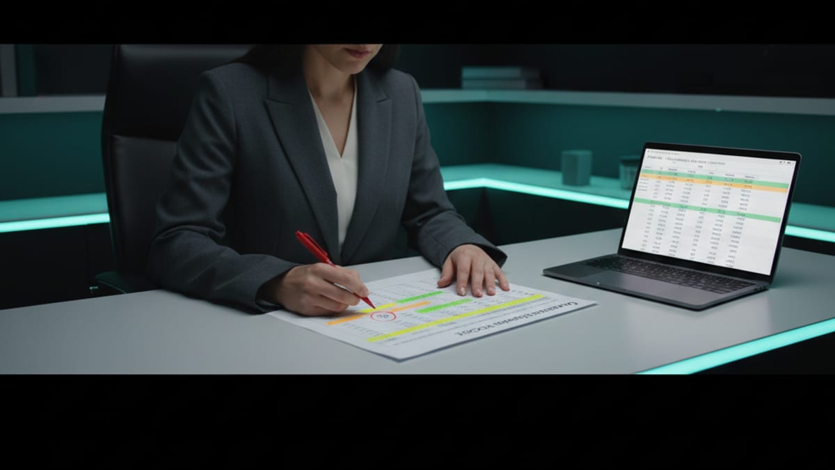 A finance lead reviewing a printed accounts receivable aging report next to a laptop spreadsheet at her desk