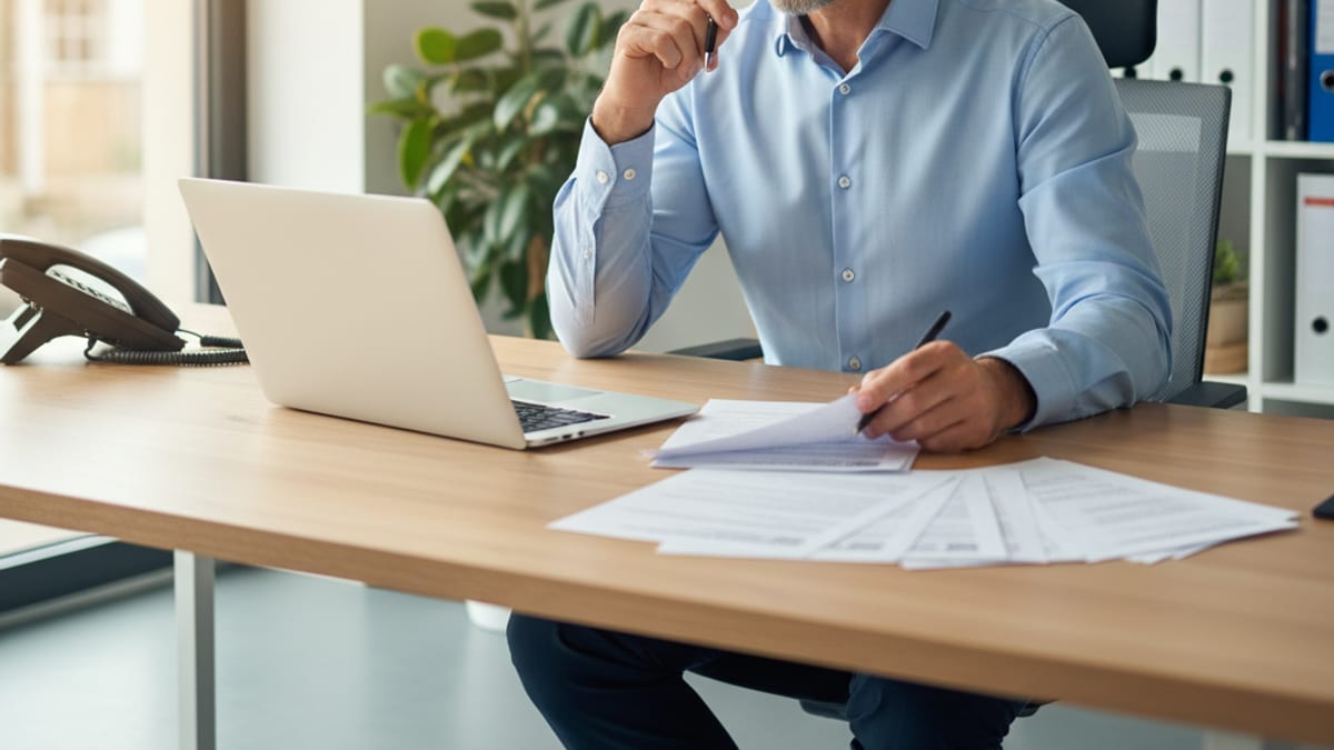 A bookkeeper at his desk reviewing a spread of printed invoices beside a laptop and desk phone