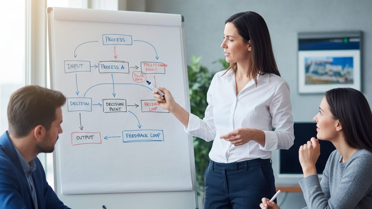 An operations manager at a whiteboard walking two colleagues through a hand-drawn process flow in a meeting room