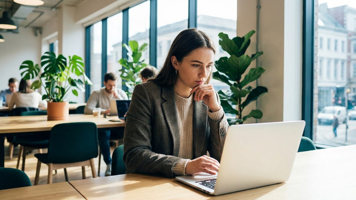 A professional working thoughtfully at a laptop in a bright office