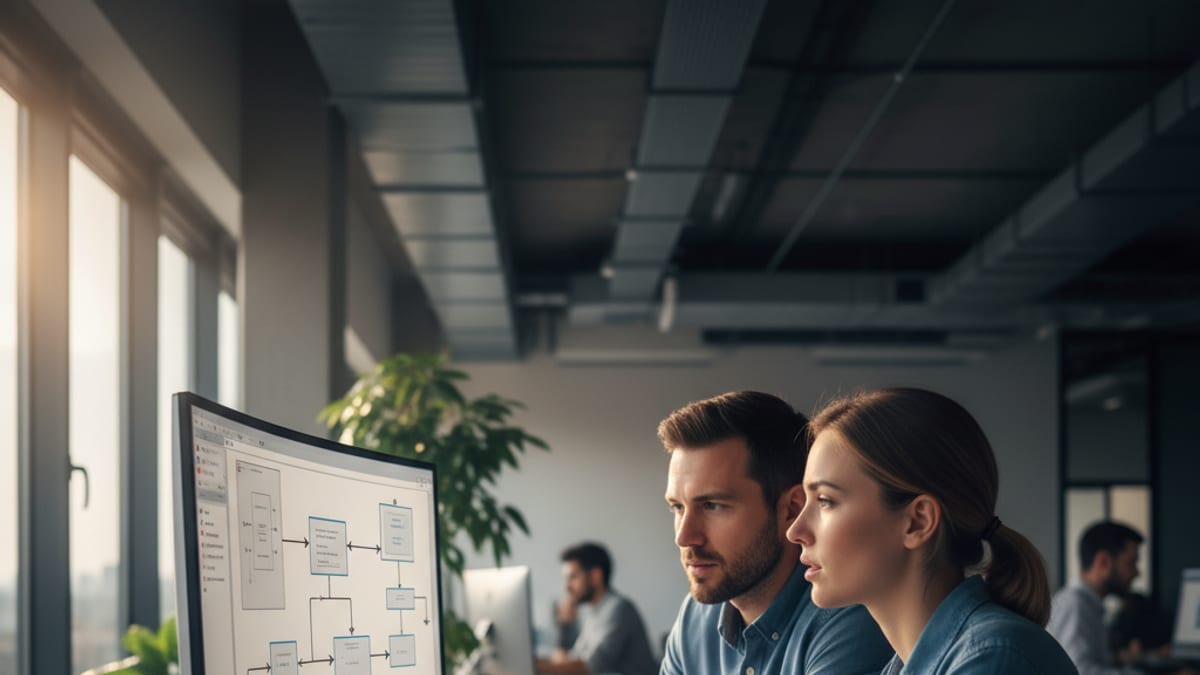 Two software engineers reviewing a system diagram together on a monitor, evaluating a custom software development partner's work
