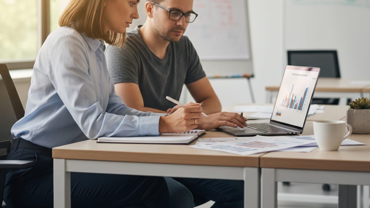 An operations manager and a software engineer reviewing a project plan together on a laptop at a desk