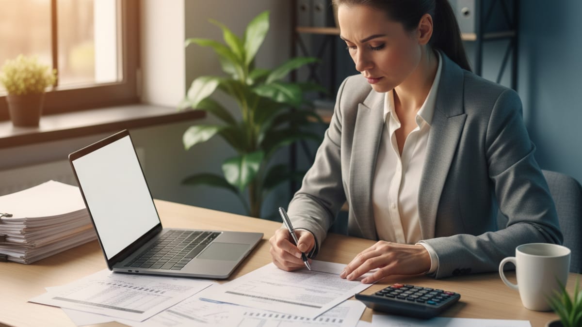 A finance manager reviewing printed invoices and a laptop at her desk in a small modern office