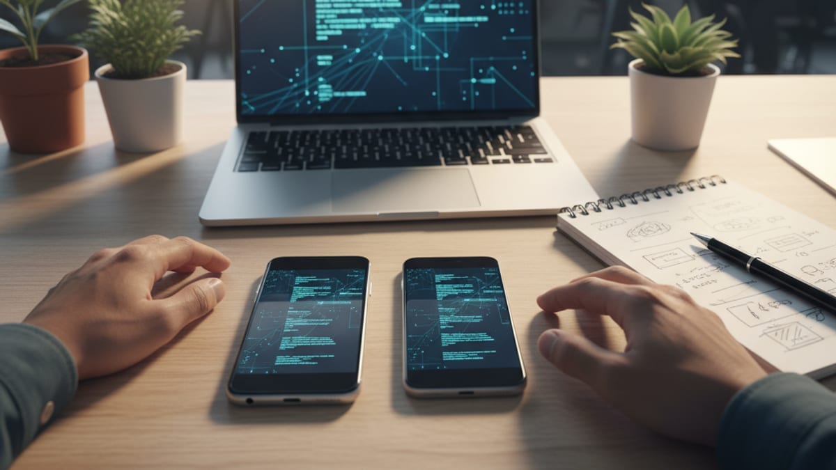 An iPhone and an Android phone side by side on a desk showing the same app, a laptop and a notebook of screen sketches beside them