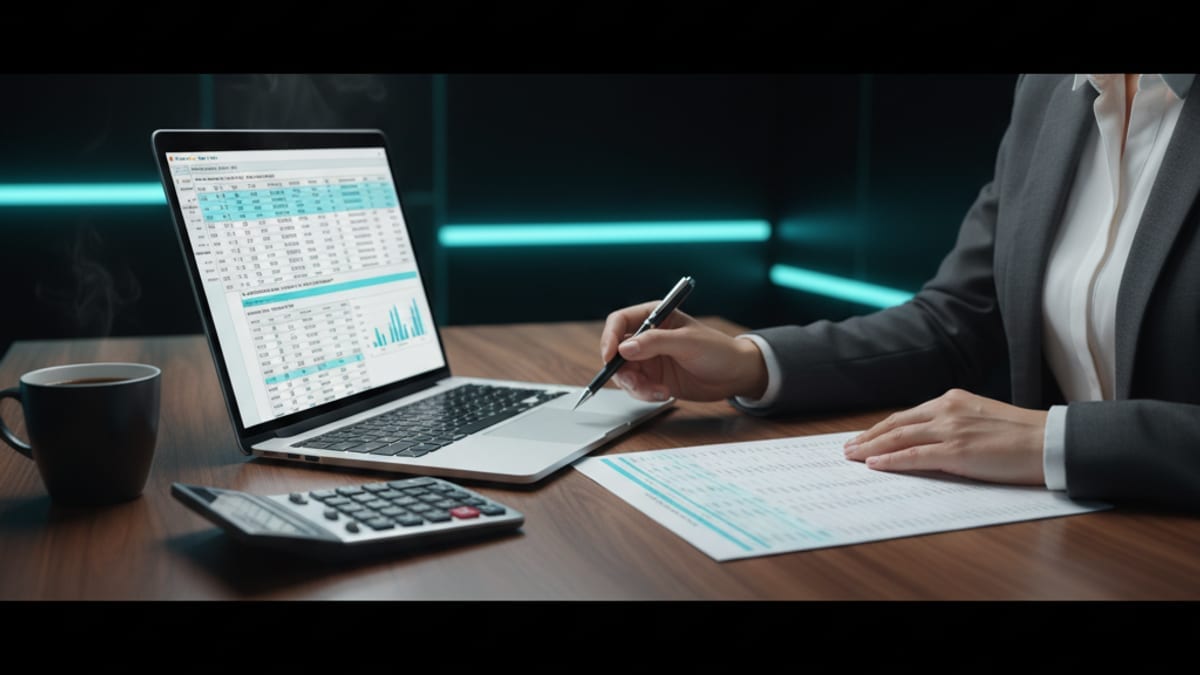 A finance manager reconciling a bank statement against her ledger on a laptop at her desk.