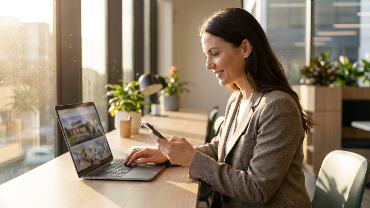 A real estate agent quickly replying to a new enquiry on a smartphone at a desk with property listings