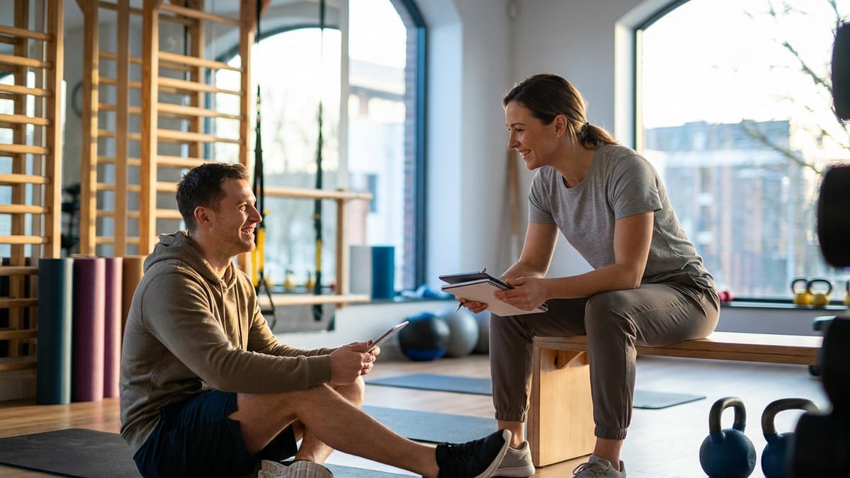 A personal trainer having a friendly check-in with a gym member
